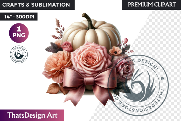 Shabby Chic Pink Coquette Pumpkin with bow PNG fall Clipart