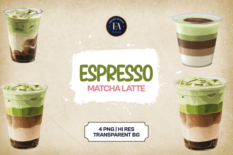 Espresso Matcha Latte Clipart Bundle 4 PNG