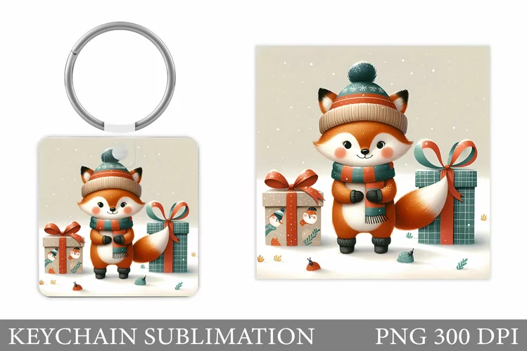 Christmas Fox Round Keychain. Winter Fox Keychain Design