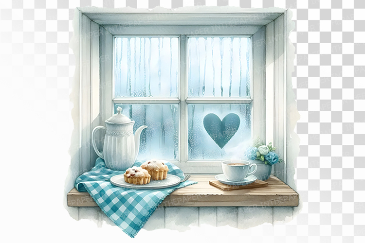 Steaming Coffee and Muffins on Window Sill Rainy Day PNG