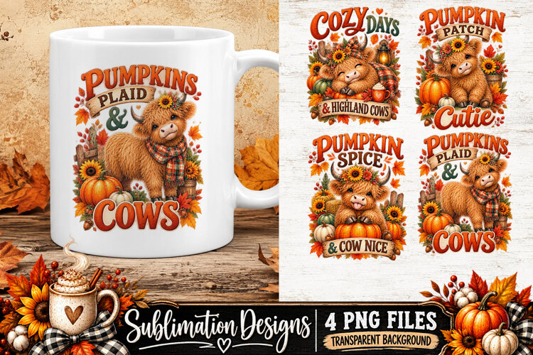Highland Cow Pumpkin Plaid Fall Sublimation PNG example image 1