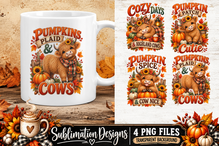 Highland Cow Pumpkin Plaid Fall Sublimation PNG