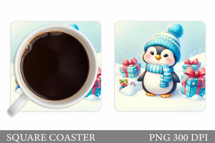 Cute Penguin Coaster Sublimation. Christmas Coaster Design