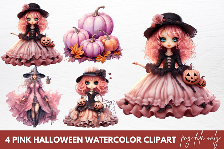 Pink Halloween Watercolor Clipart