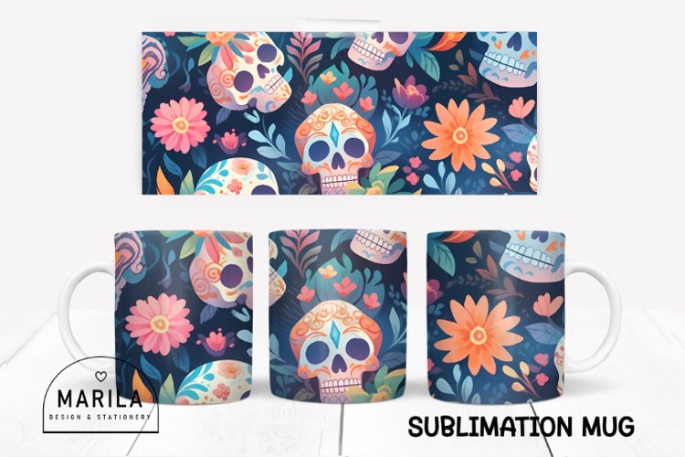 Floral Skull Mug Sublimation Design / halloween Mug #10 example image 1