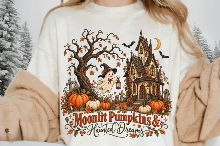 Ghost Witch Moonlit Manor PNG, Gothic Halloween Cottage