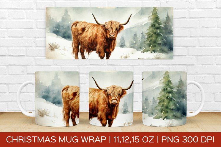 Christmas Highland Cow Mug Wrap|Christmas Sublimation Design example image 1