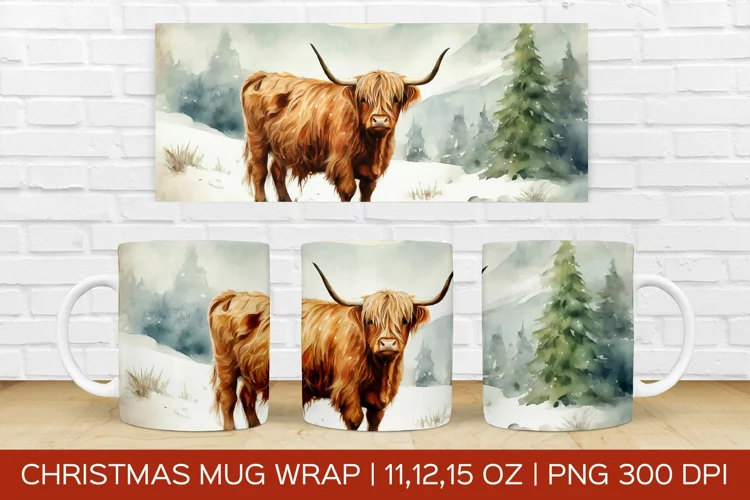 Christmas Highland Cow Mug Wrap|Christmas Sublimation Design