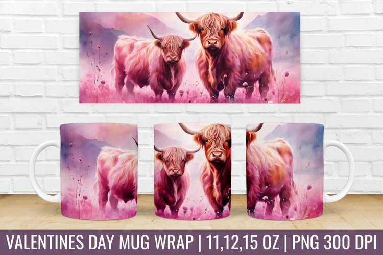 Valentines Day Highland Cow Mug Wrap|Mug Watercolor Design example image 1