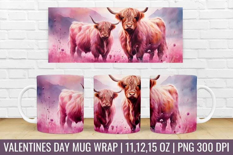 Valentines Day Highland Cow Mug Wrap|Mug Watercolor Design