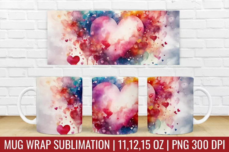 Valentines Day Hearts Mug Wrap|Mug Watercolor Design