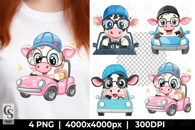 Cute Cow Driving Car Clipart PNG