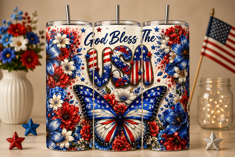 God Bless The USA Butterfly Tumbler Wrap PNG, Patriotic Flor