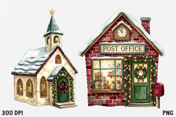 Christmas Village Watercolor Clipart PNG, Whimsical Holiday