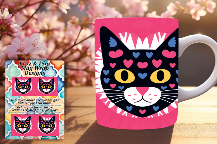 Luxurious 11oz Mug Wrap Png Design , Cute Cat