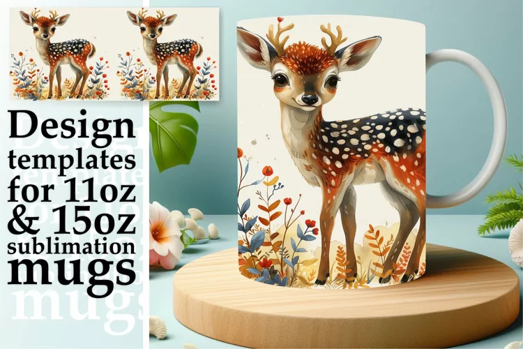 Spring Deer Mug Wrap Sublimation Watercolor