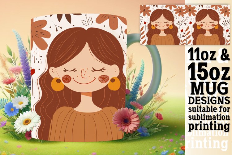 Charming Female Portrait Mug Wrap with Flowers 11oz/15oz example image 1