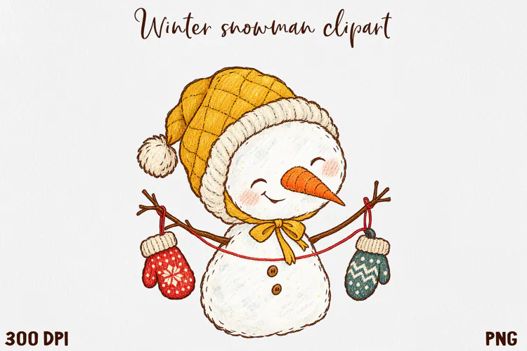Cute Winter Snowman Clipart, Cozy Christmas Snowman PNG.