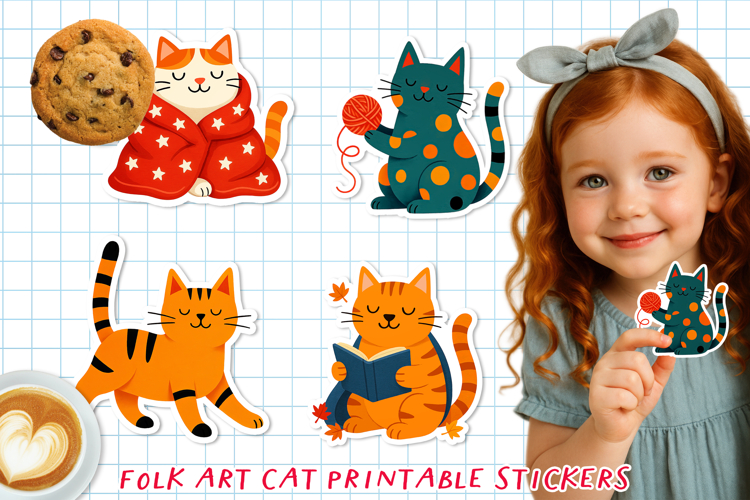 Cute & Funny Folk Art Cat Printable Stickers, PNG