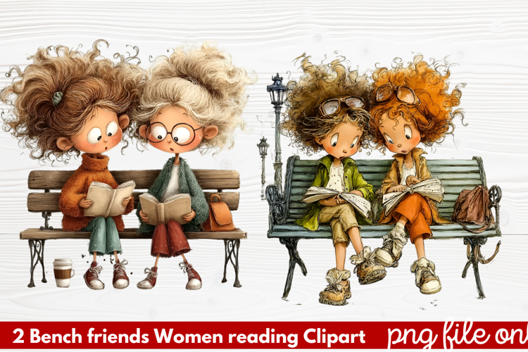Bench friends Women reading Clipart