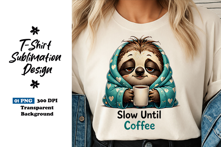 Slow Until Coffee Sloth Clipart Sublimation PNG