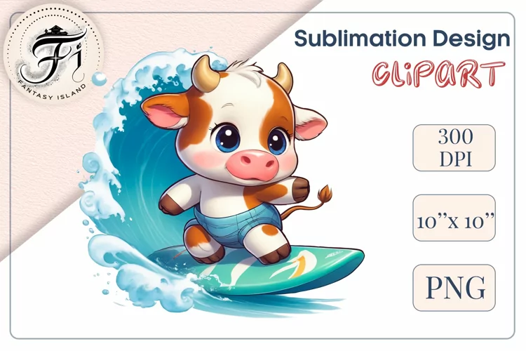 Cute Cartoon Baby Cow Surfer | Clipart | Sublimation Png
