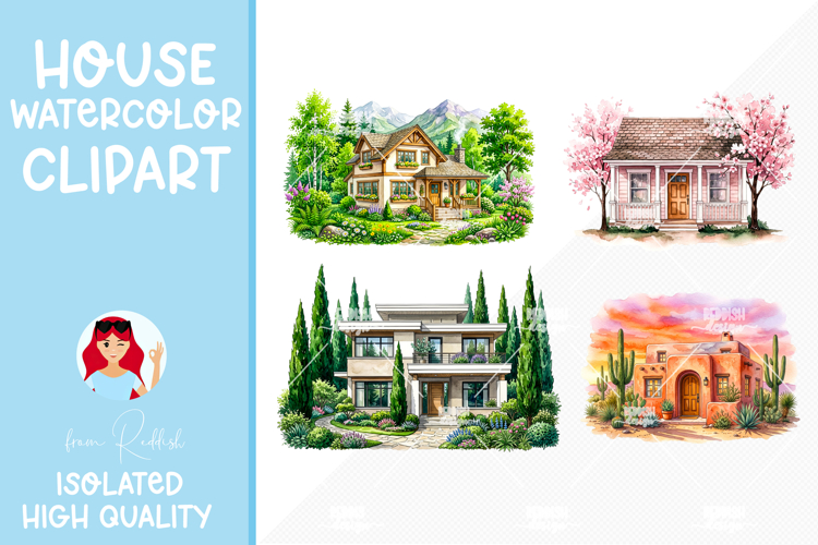 4 Cozy Watercolor House Clipart
