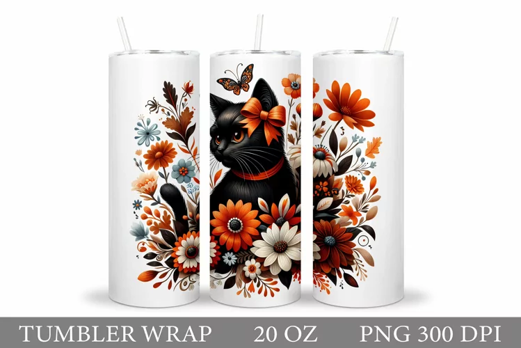 Black Cat Tumbler Design. Cat Flowers Tumbler Sublimation