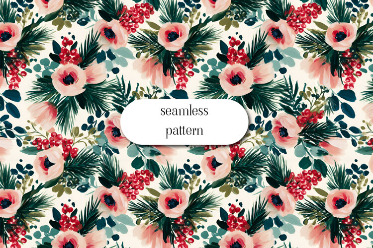 Winter Floral Seamless Pattern with Pine and Red Berries example image 1