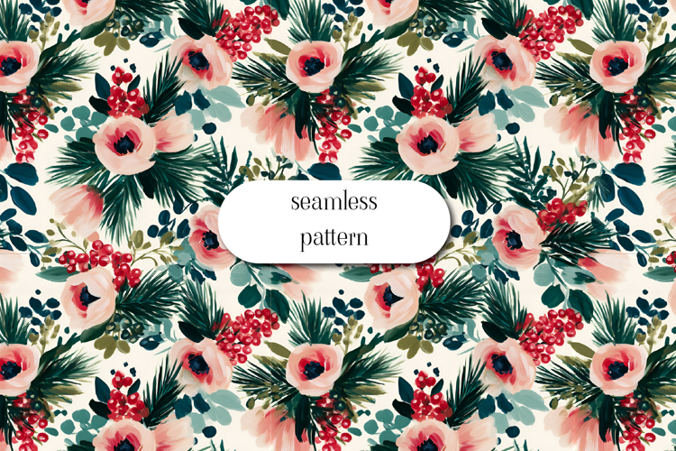 Winter Floral Seamless Pattern with Pine and Red Berries