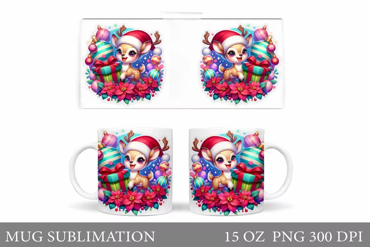 Christmas Deer Mug Design. Cute Deer Mug Sublimation