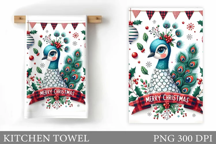 Christmas Peacock Kitchen Towel. Christmas Kitchen Towel