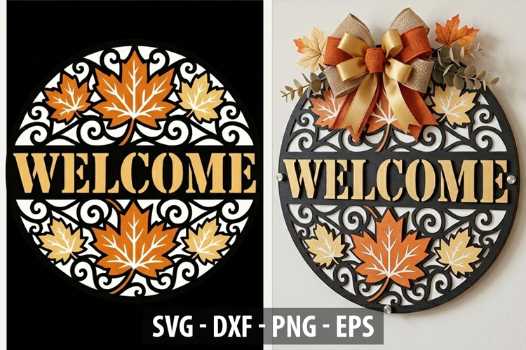 Fall Welcome Door Hanger SVG | Autumn Maple Leaf Round Sign