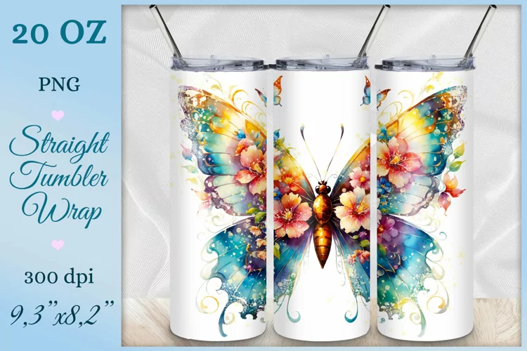 Watercolor Butterfly Tumbler Wrap, Sublimation Design, Png