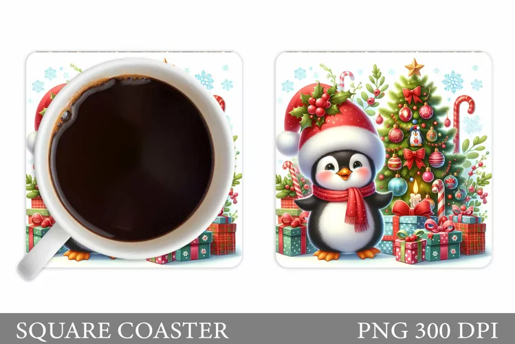 Cute Penguin Coaster Sublimation. Christmas Coaster Design