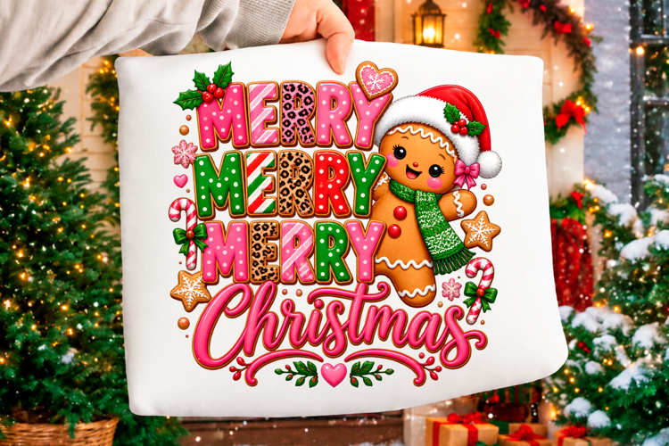 Merry Christmas gingerbread girl pink holiday typography des