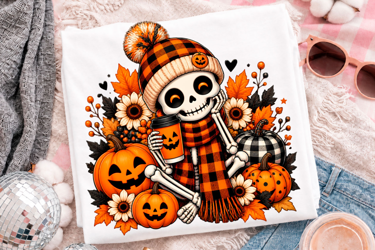 Cute Skeleton Pumpkin Halloween Fall Season T-Shirt Design