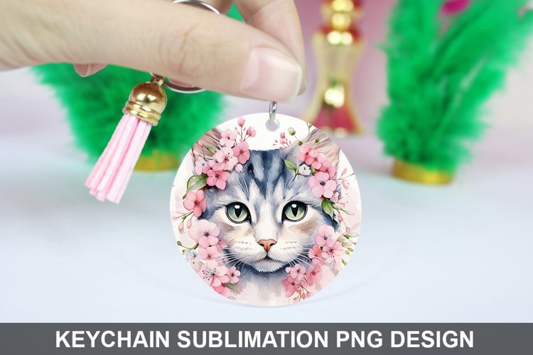 Cat Flowers Keychain Sublimation , Round Keychain PNG