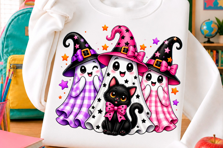 Cute witch hat ghost and black cat Halloween trio t shirt de