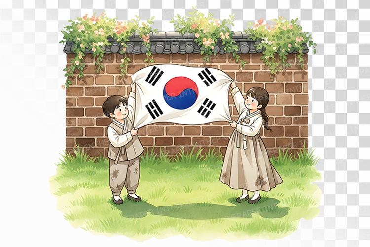 Hanbok Kids Holding Taegeukgi High Wall Scene PNG