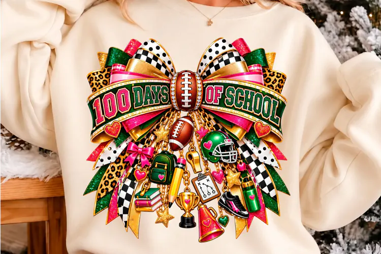 100 Days of School Football Cheer Bow PNG