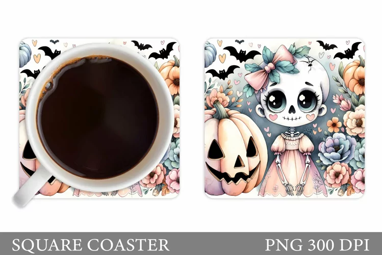 Cute Skeleton Coaster Sublimation. Halloween Coaster Design