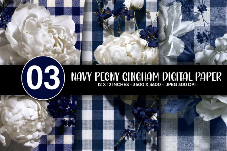Navy Peony Gingham Digital Paper