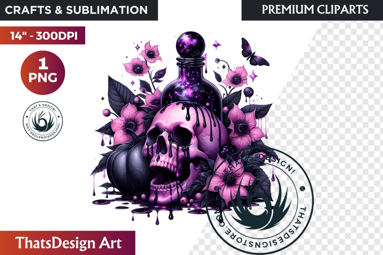 Pink and Black Gothic Halloween Skulls Clipart, pastel goth
