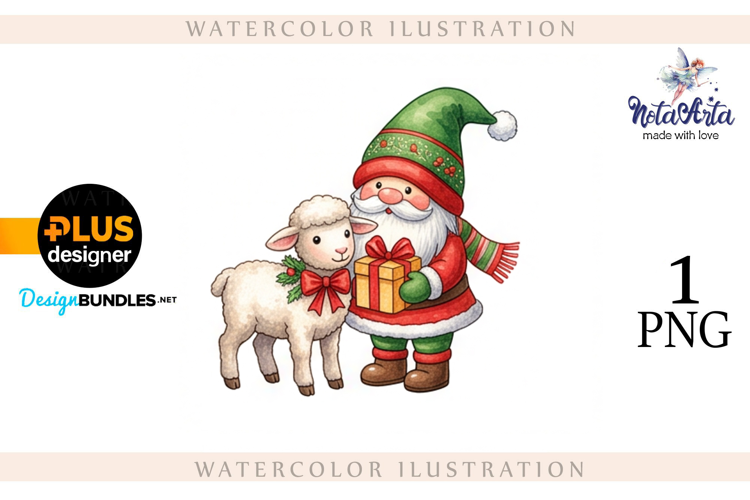 Christmas Gnome Santa with a Sheep in Watercolor Style