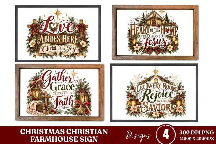 4 Christian Christmas Farmhouse Sign PNGs, 4 Rustic Christma