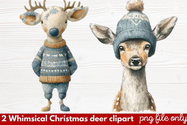 2 Whimsical Christmas Deer Clipart | Cute Festive Deer PNG