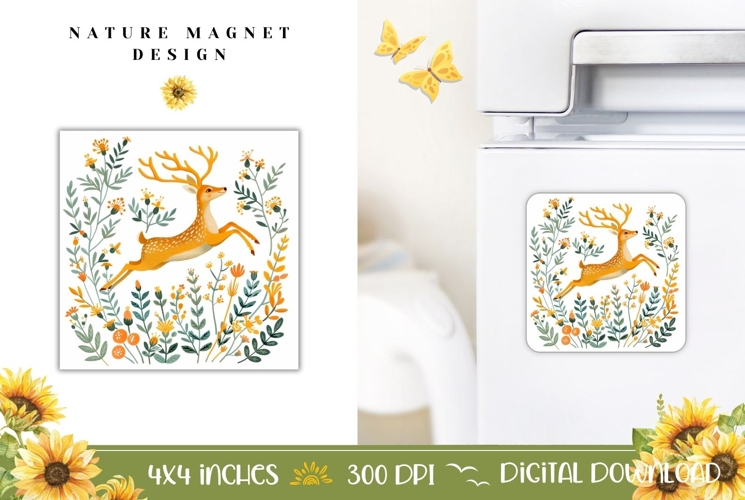 Cartoon Deer Magnet Print, Floral Animals Magnet Design