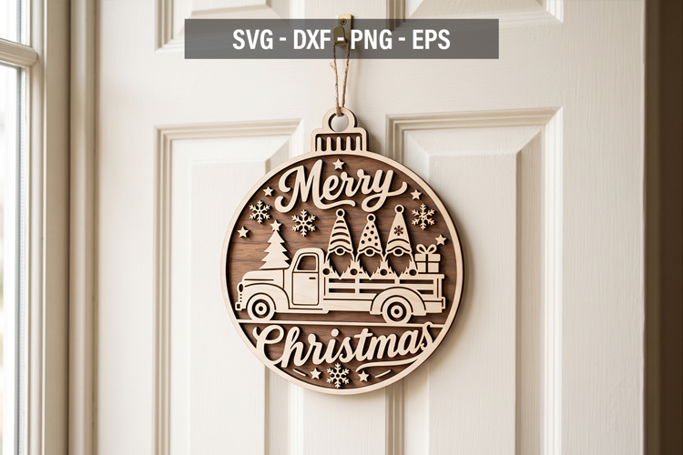 Merry Christmas Gnome Door Hanger SVG, Vintage Truck