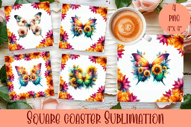 Butterfly square coaster sublimation | Butterfly coaster PNG
